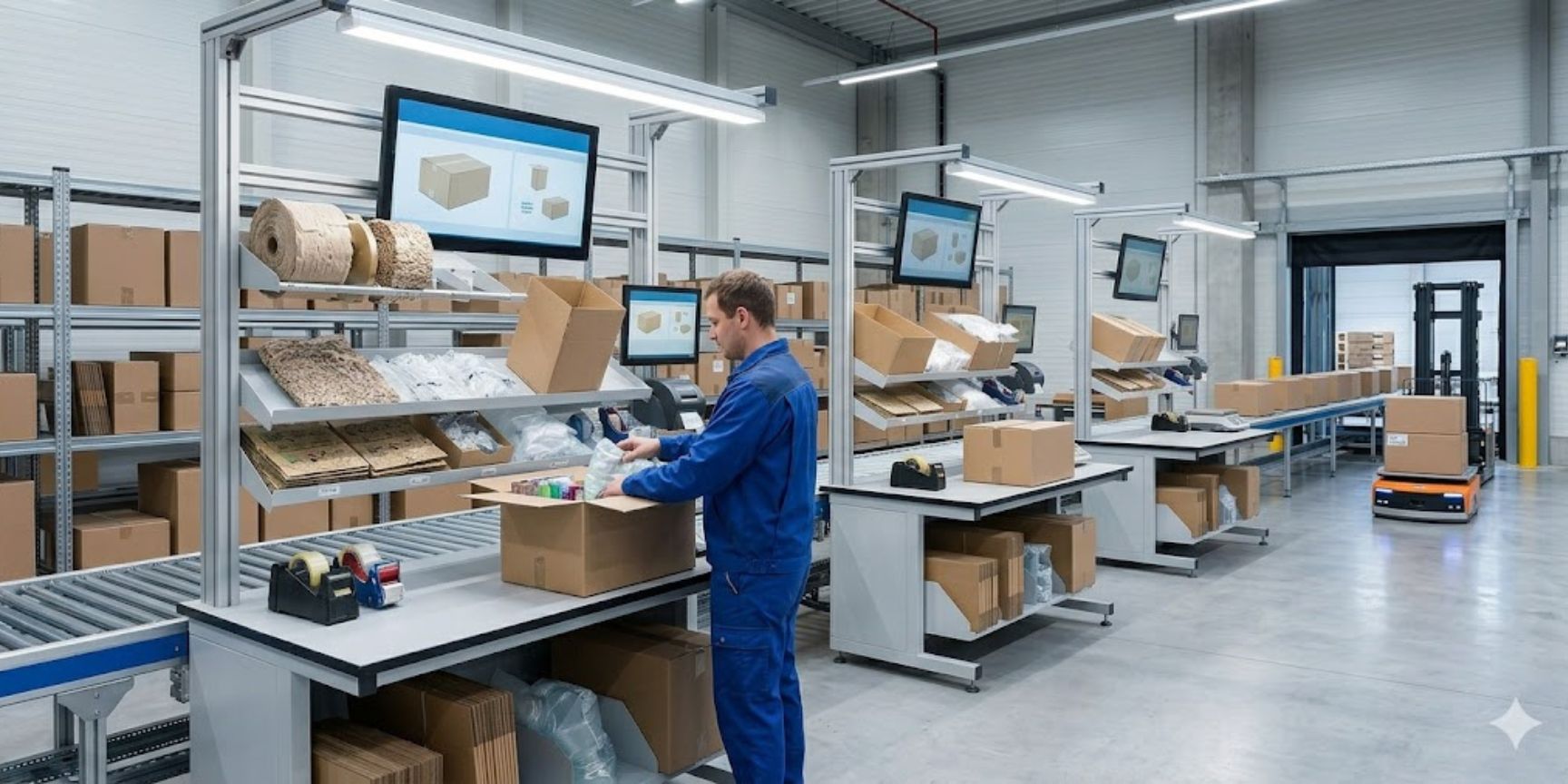 Ein Mitarbeiter in einer modernen Logistikimmobilie beim präzisen Pick-and-Pack-Prozess; er entnimmt Artikel aus einem Pick-Tower und legt sie in einen Versandkarton.